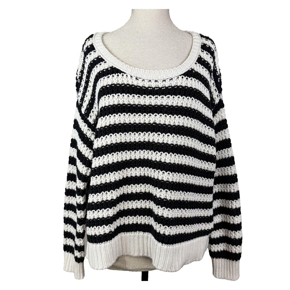 Free People At The‎ Beach Sweater Womens L Black Stripe Open Knit Oversized Boho